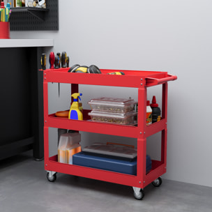 Chariot desserte d'atelier acier 3 plateaux sur roulettes avec poignée - charge max. 150 kg - 83 x 35,3 x 76 cm rouge