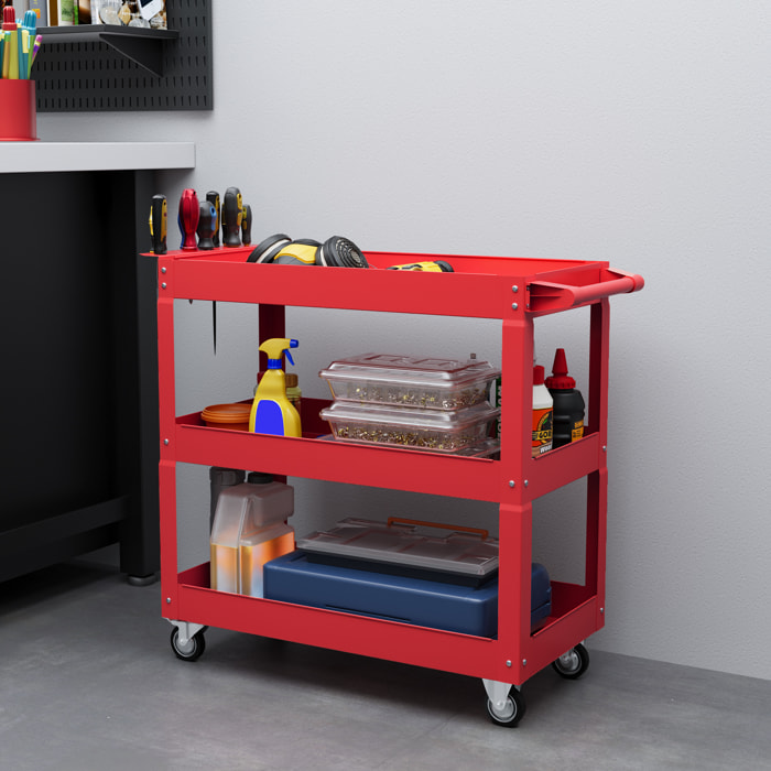 Chariot desserte d'atelier acier 3 plateaux sur roulettes avec poignée - charge max. 150 kg - 83 x 35,3 x 76 cm rouge