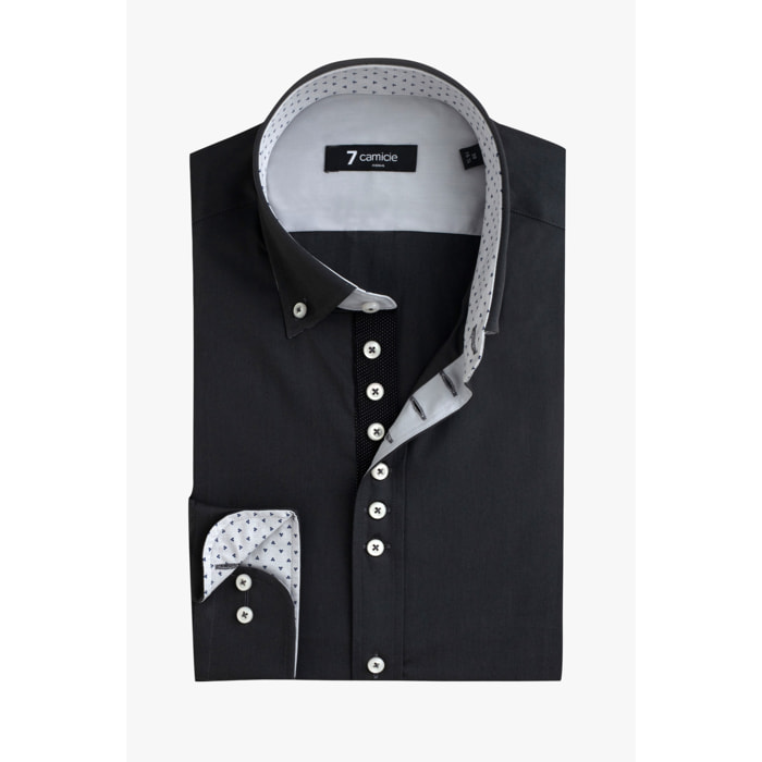 Camicia Uomo 1 Bottoni Button Down Slim Popeline Stretch Unito Grigio Scuro