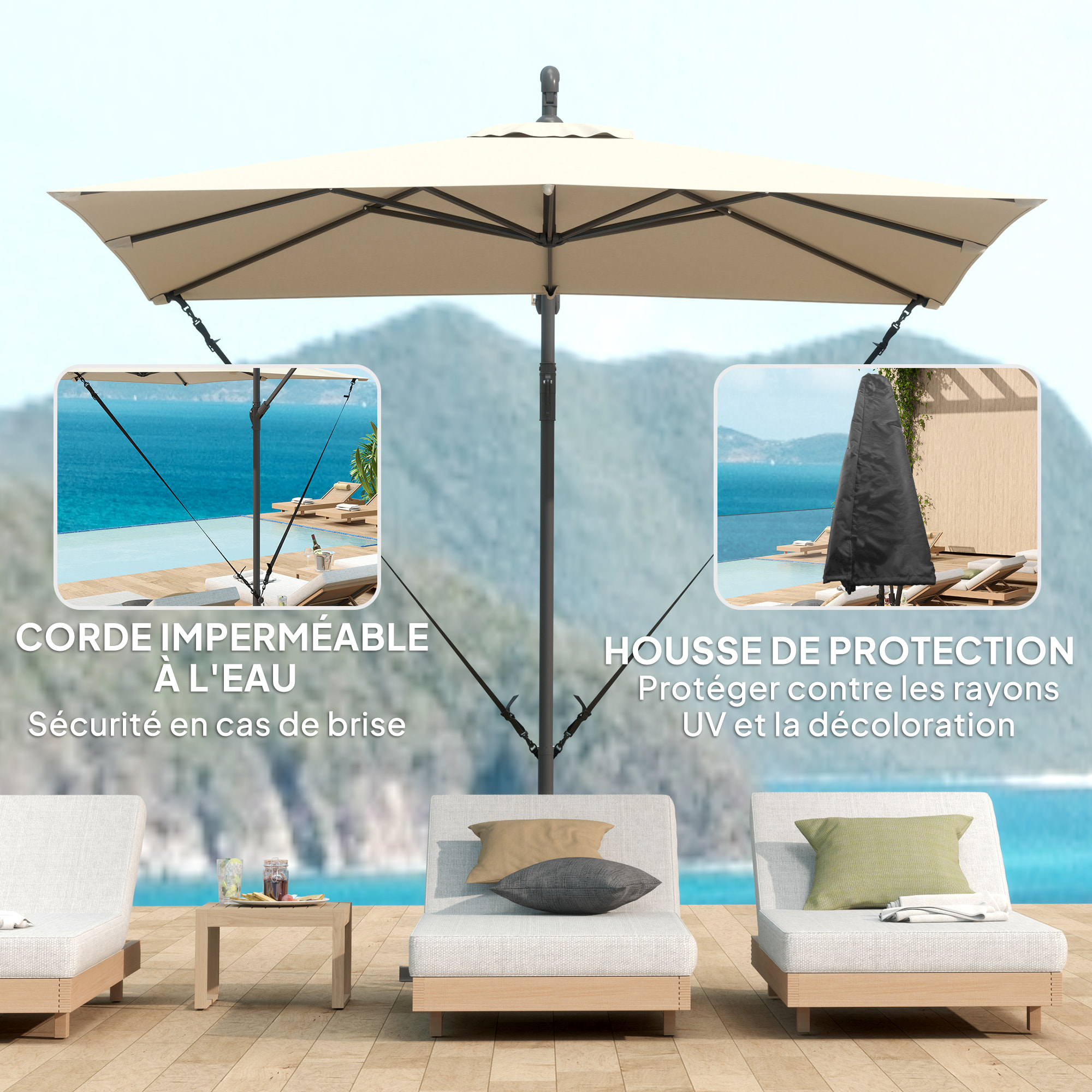 Parasol déporté carré inclinable 2,5 x 2,5 m - manivelle - housse protection incluse - kaki