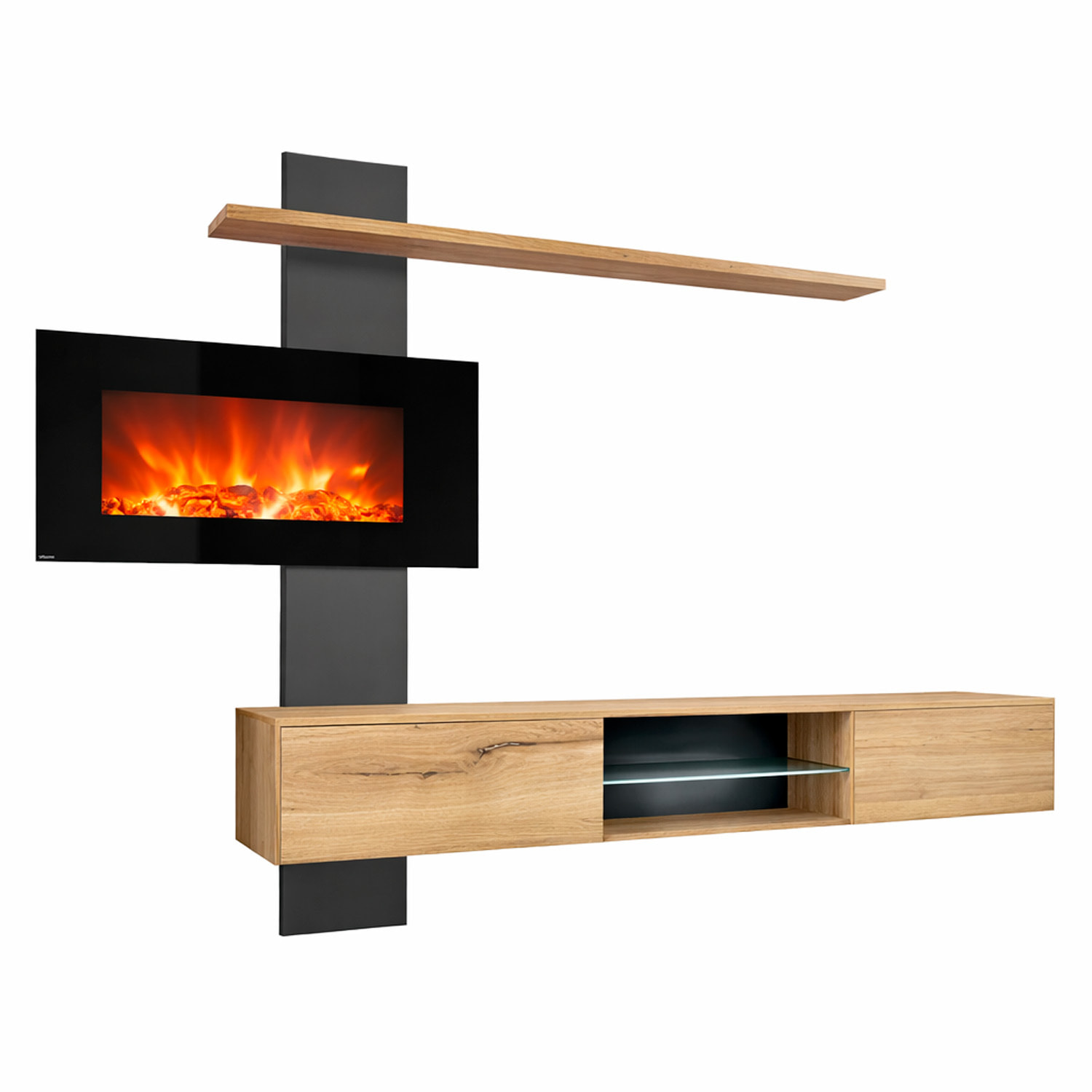 Parete Attrezzata Soggiorno Mobile Tv Biocamino Led Mensola Design Living Arredo Casa Contenitore Vetro Push Click 250x170x40 Cm Rovere E Antracite
