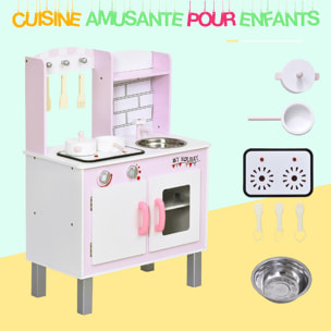 Cuisine bois jeu d'imitation - cuisine rose enfant - nombreux accessoires & rangements inclus - fonction sonore - MDF pin rose blanc