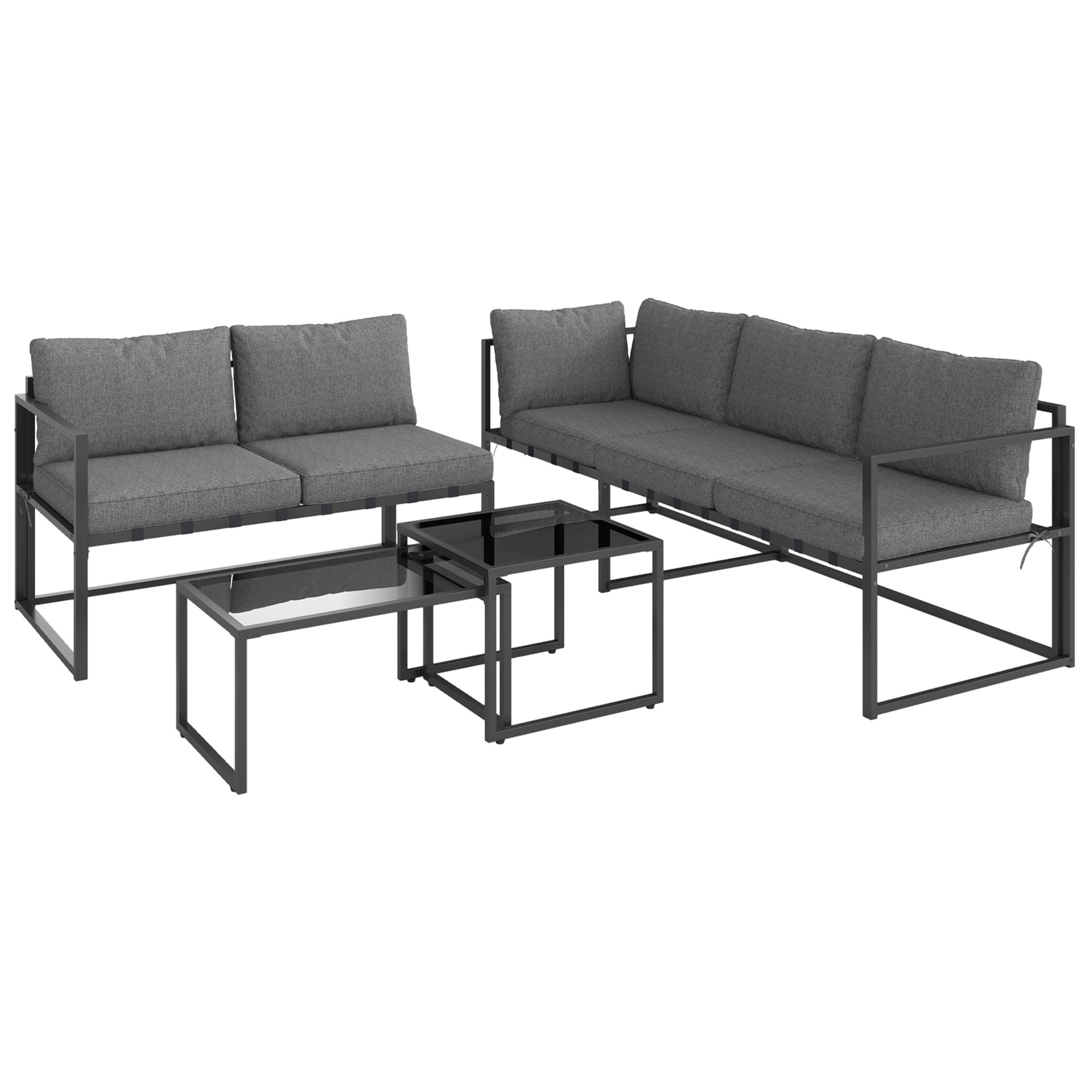 Ensemble salon de jardin d'angle 5 places 4 pièces modulables tables basses gigognes acier verre trempé noir gris