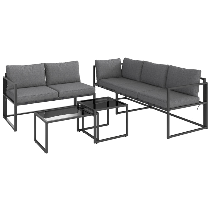 Ensemble salon de jardin d'angle 5 places 4 pièces modulables tables basses gigognes acier verre trempé noir gris