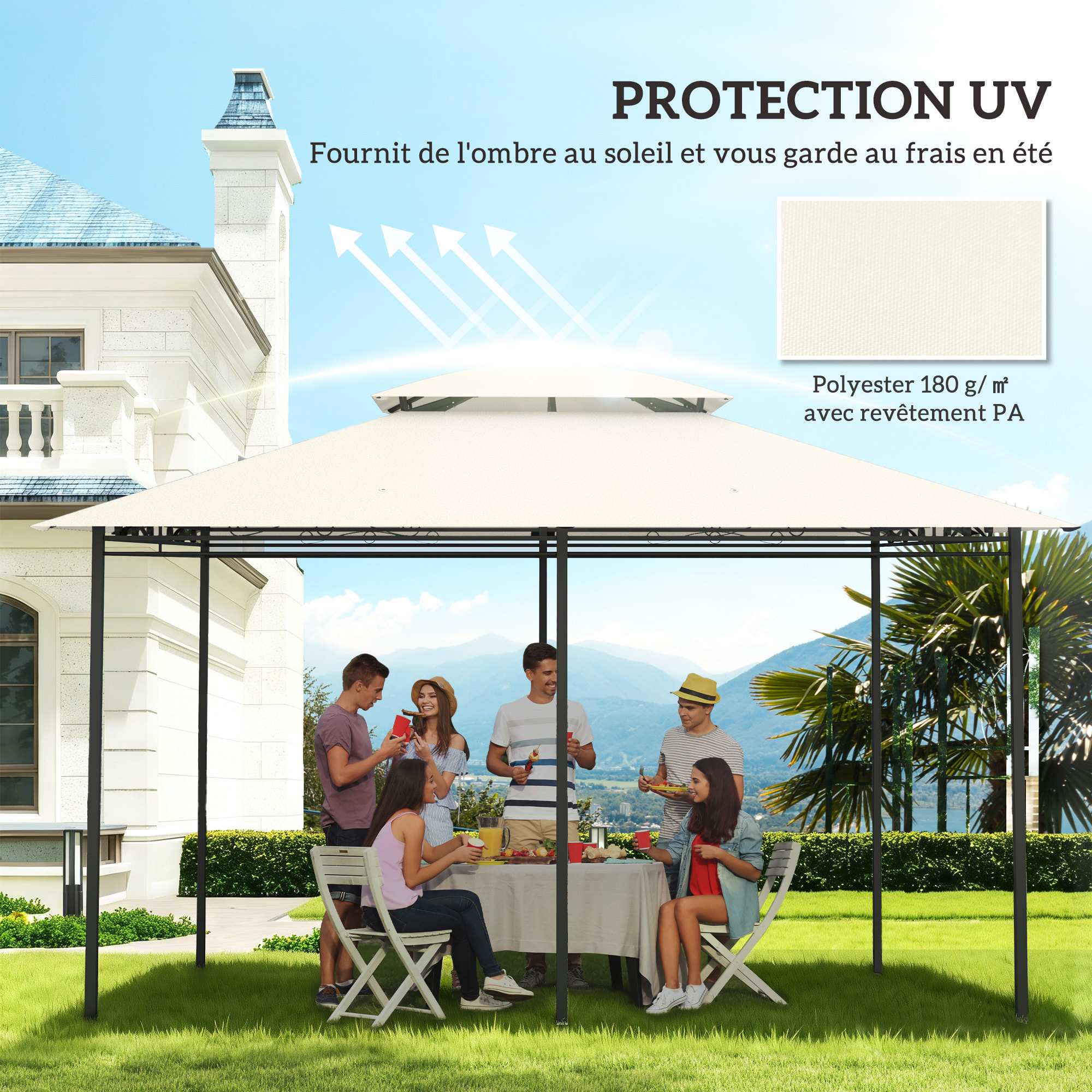 Toile de rechange tonnelle 4 x 3 m - double toit, trous de drainage - polyester crème