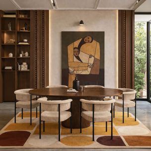 Ensemble table extensible ovale et 6 fauteuils en tissu beige