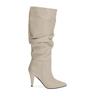 Stivali goffrati panna in pelle, tacco 10 cm