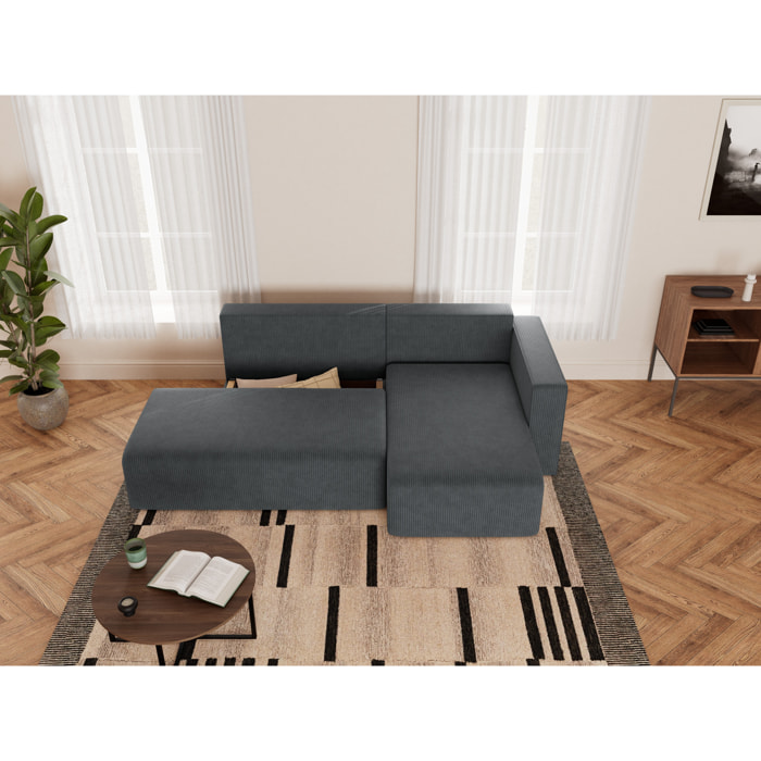 Topaze - canapé d'angle droit 4 places convertible avec coffre sans accoudoir en velours côtelé - Gris foncé