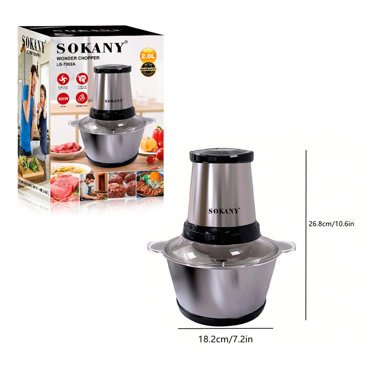 Picadora de carne eléctrica con 300W y recipiente de 2L. Diferentes funciones picado y corte con cuchillas de acero inoxidable.