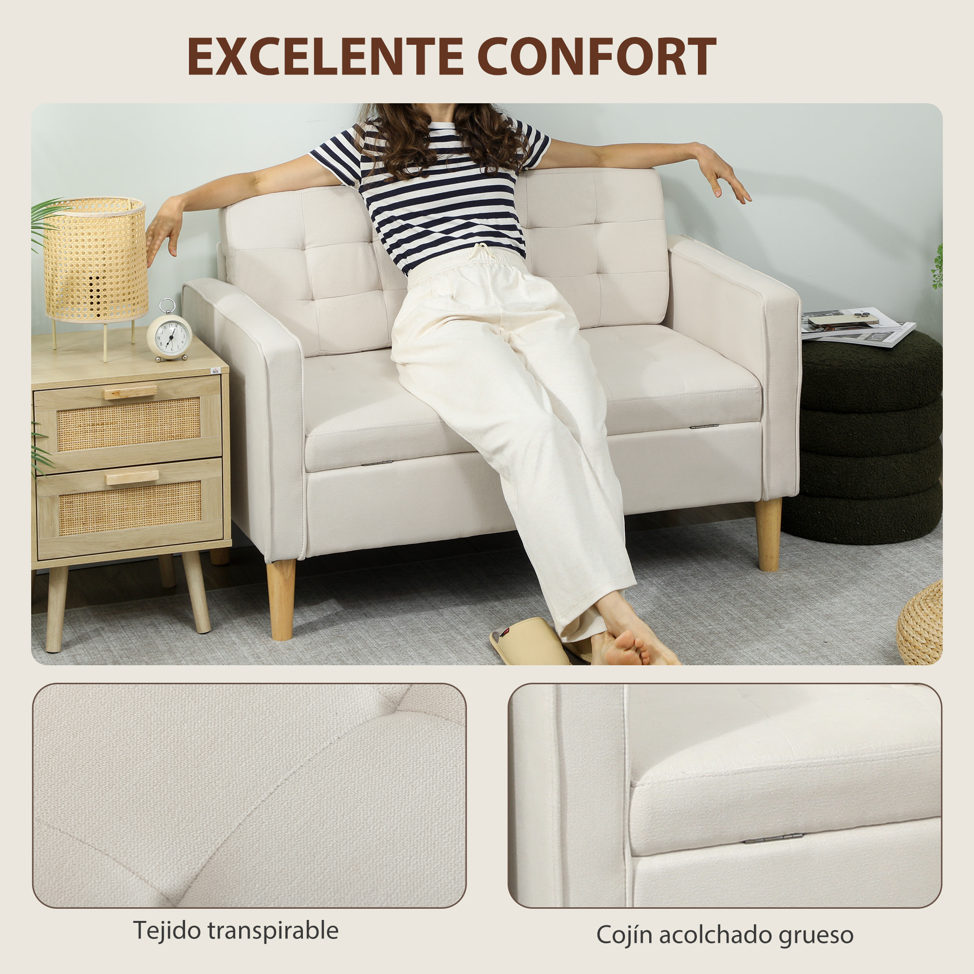 Sofá de 2 Plazas con Espacio de Almacenamiento, Sofá Moderno de Terciopelo con Patas de Madera, Respaldo Capitoné, para Salón, Dormitorio, Oficina, 117x62x78 cm, Crema