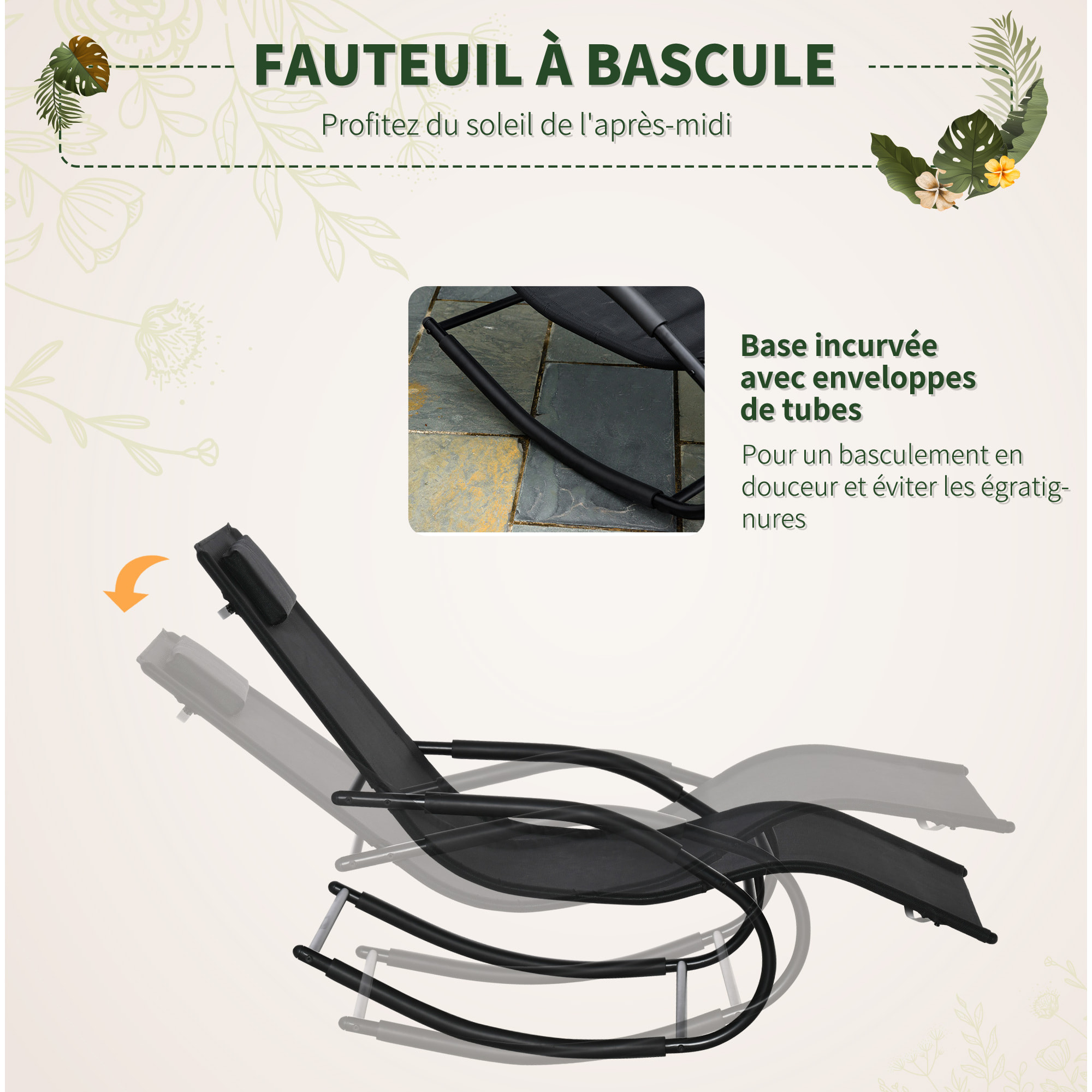 Chaise longue à bascule - rocking chair design - tétière, accoudoirs, assise dossier ergonomique - métal époxy textilène noir