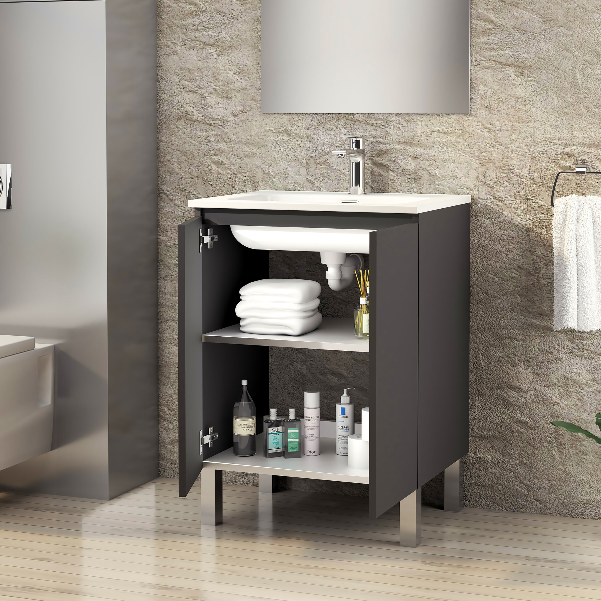 Ensemble de Salle de Bain Lust | 80 cm Noir Mat | Deux Portes | Lavabo Encastré | N'inclut pas le Miroir | Meuble Assemblé | Alday