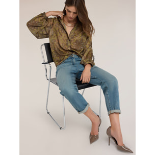 Motivi - Blusa in raso con stampa e maniche a palloncino - Verde militare