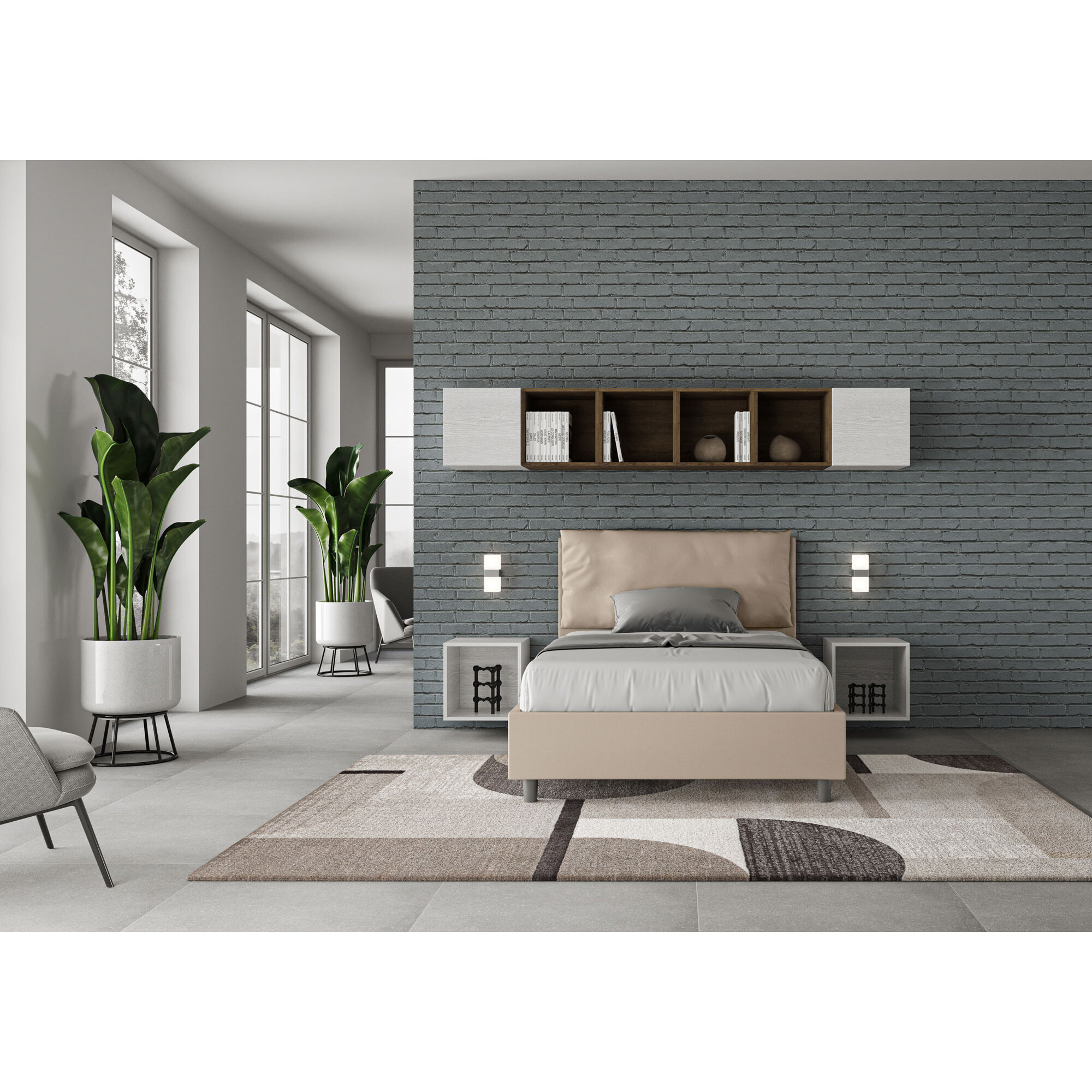 Letto una piazza e mezza con rete imbottito 120x200 similpelle tortora Antea Large