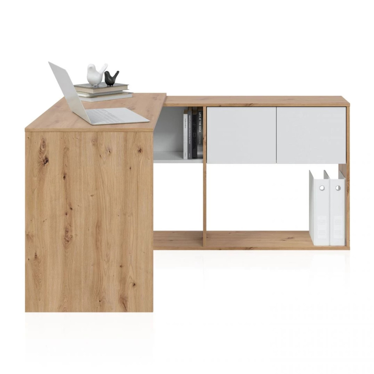 Mesa de escritorio multiposición con estantería en blanco artik y roble nodi 112x50 cm Dess Blanco Artik (Blanco Mate) - Roble Nodi