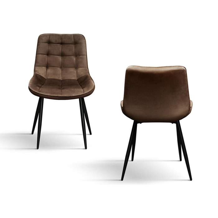 Set di 4 sedie BARCELLONA in tessuto effetto velluto marrone e gambe in metallo nero