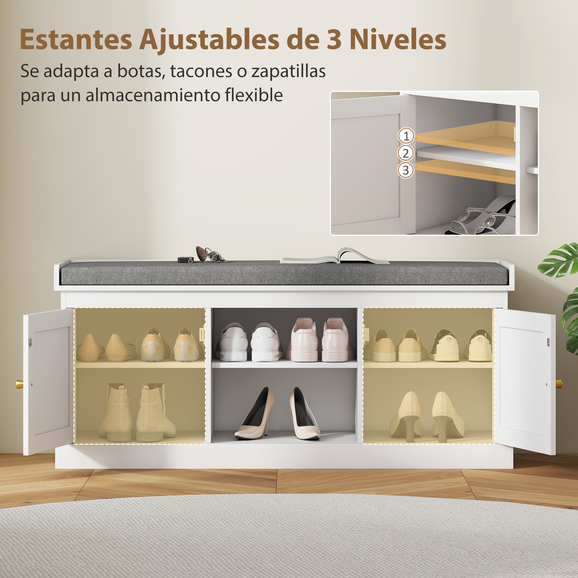 Banco Zapatero Mueble Zapatero Banco Recibidor Bohemio con Asiento Acolchado Puertas Frentes de Ratán Estante Abierto Estante Ajustable para 9 Pares de Zapatos para Entrada 105x35x47 cm Blanco
