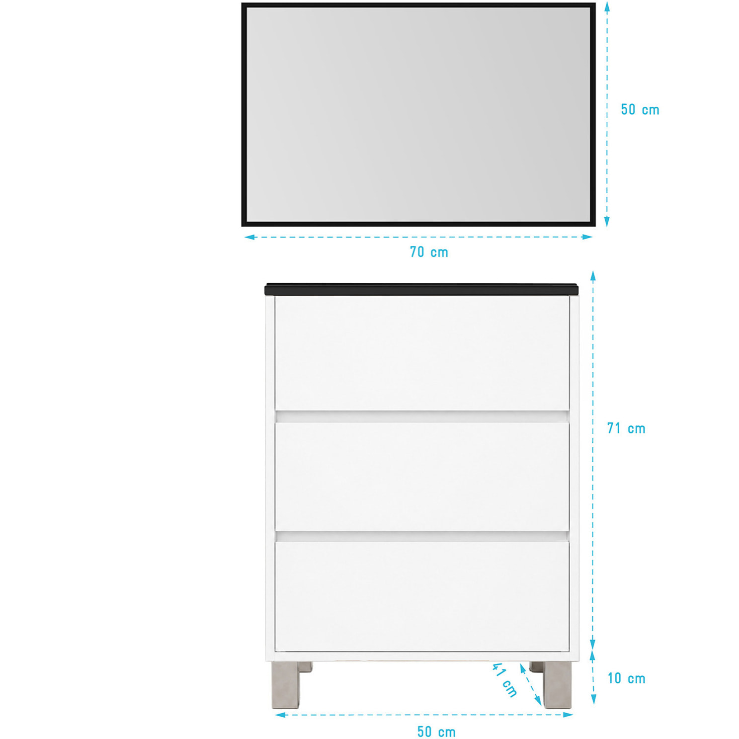Meuble de Salle de Bains 50cm 3 tiroirs Blanc, Vasque Noire et Miroir Cadre Noir 50x70 - XENOS