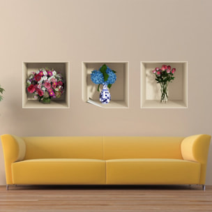 Stickers muraux 3D | Sticker Mural Autocollant effet 3D fleurs rose et bleu - Stickers adhésifs 3D Chambre Salon Trompe l'oeil