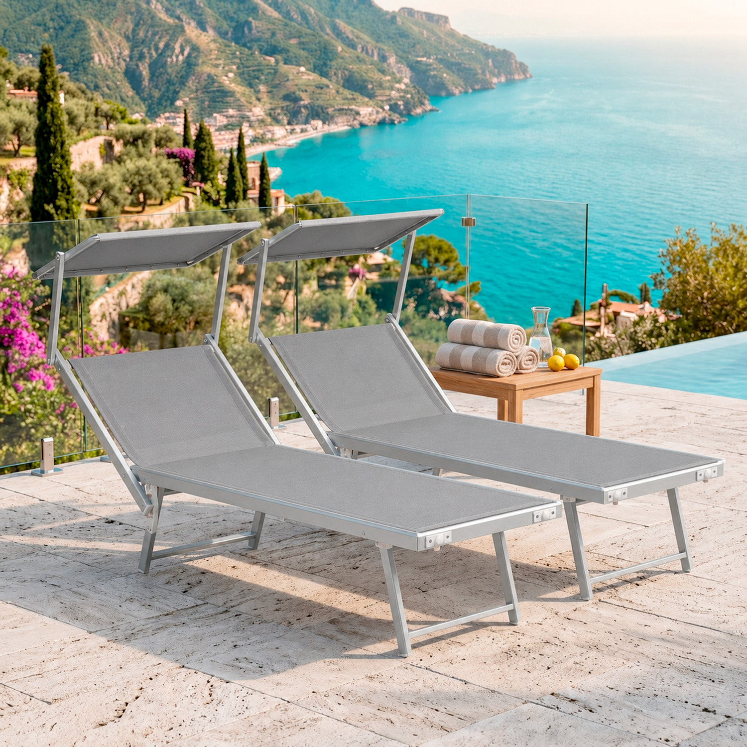 Coppia Di Lettini Prendisole Pieghevole Professionale in Alluminio e Tessuto Textilene Tettuccio Parasole Sdraio Mare Spiaggia 182x60x38 cm Grigio