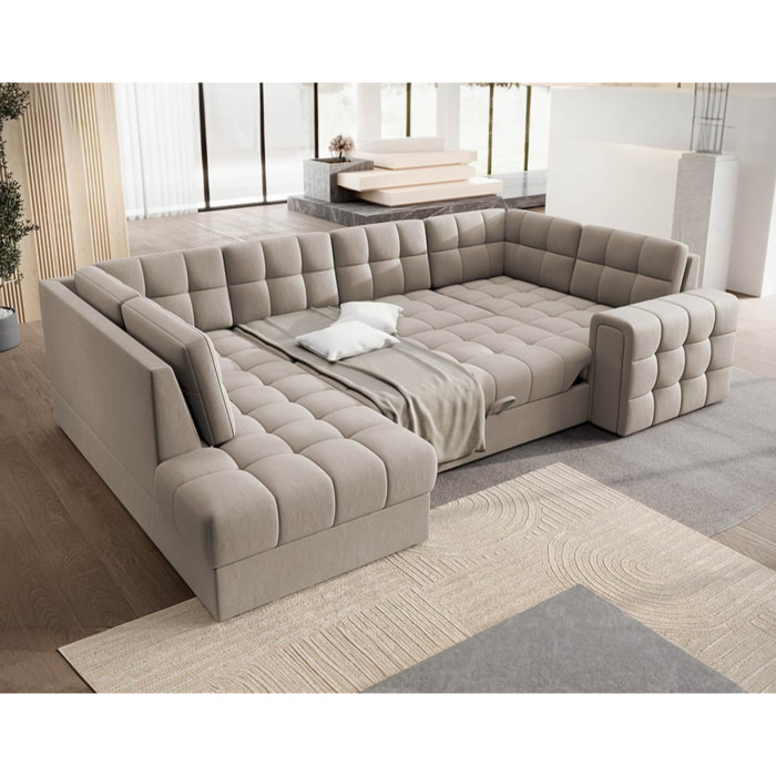 Nappa - Canapé panoramique d'angle droit 7 places convertible avec coffre en velours - Beige