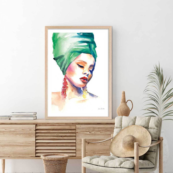 Affiche mode Portrait turban vert Affiche + cadre en bois - Chêne