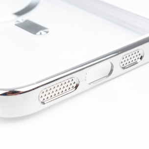 Carcasa transparente con cámara cubierta, bordes plateados, antichoque y antihuellas. Magsafe para iPhone 16 Plus.