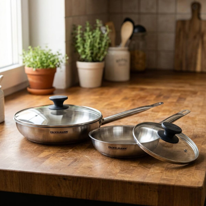 Set de 2 poêles en inox et 2 couvercles en verre Fackelmann Eterna