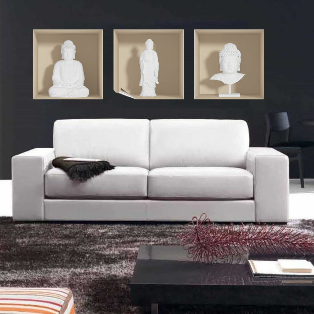 Stickers muraux 3D | Sticker Mural Autocollant effet 3D Bouddha blanc - Stickers adhésifs 3D Chambre Salon Trompe l'oeil