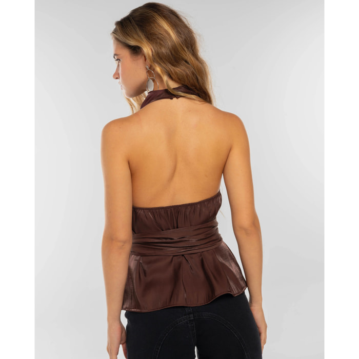 Top con cuello drapeado y fajín de mujer