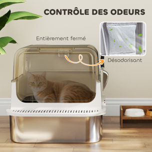 Maison de toilette bac à litière fermé acier inox - pelle, couvercle ouvrant, désodorisant - blanc fumé
