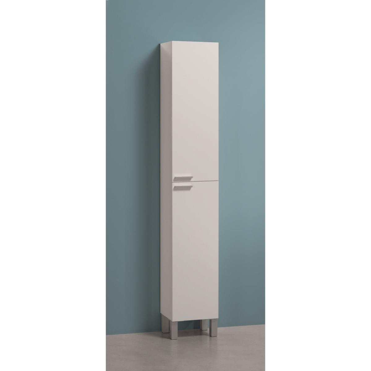 Colonna bagno Hollywood, Mobile a colonna per bagno a 2 ante, Armadio pensile sospeso con 2 ripiani, cm 30x25h182, Bianco lucido