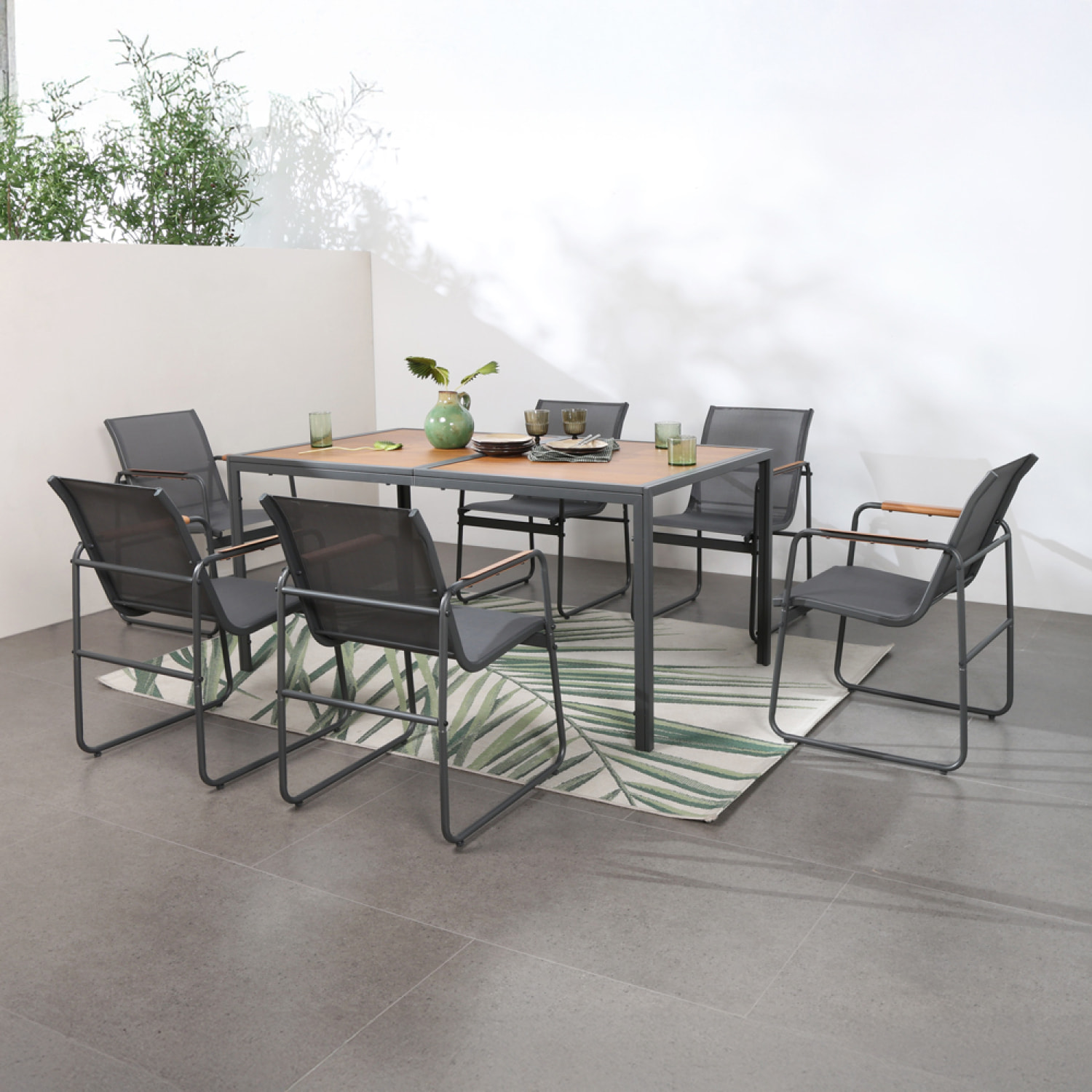 ALPHY Salon de jardin 6 places anthracite et bois