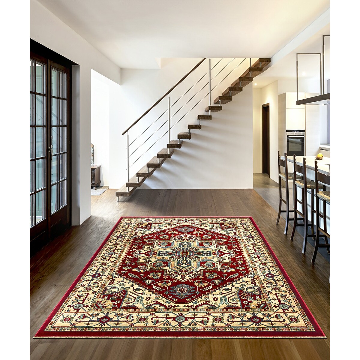 Tappeto Stile Persiano Disegno Geometrico Rosso