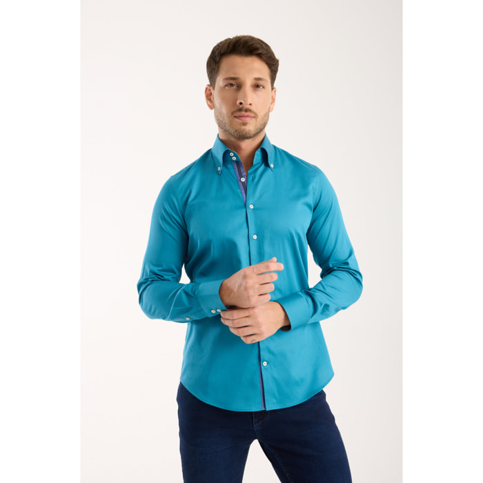 Camicia Uomo 2 Bottoni Button Down Slim Satin Unito Verde Ottanio