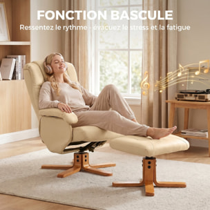 Fauteuil relax inclinable pivotant avec repose-pied piètement bois clair synthétique beige
