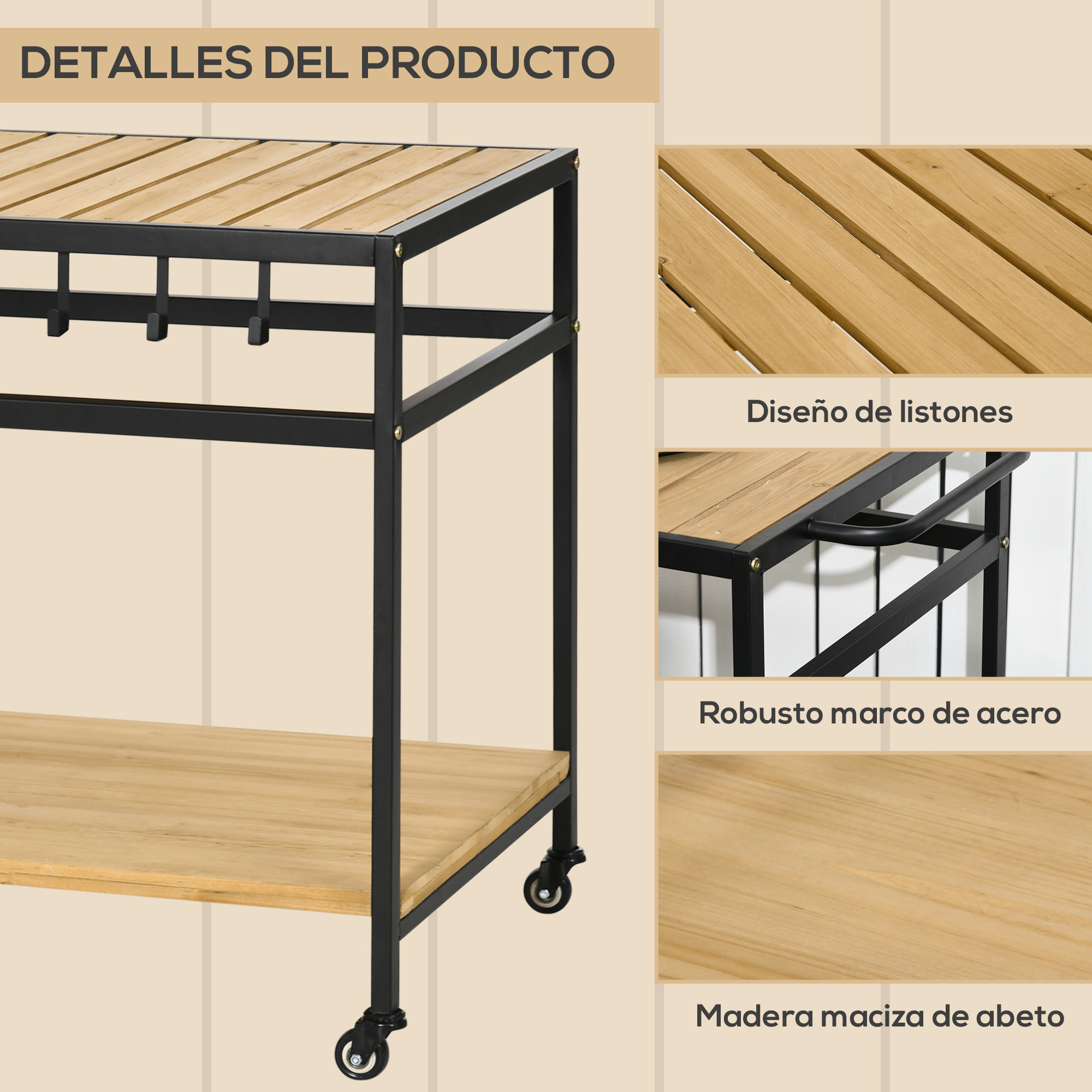 Camarera con Ruedas de Madera Carro de Servicio con Encimera de Listones 2 Estantes 3 Ganchos y Asa para Jardín Terraza Patio 107x65x80 cm Natural