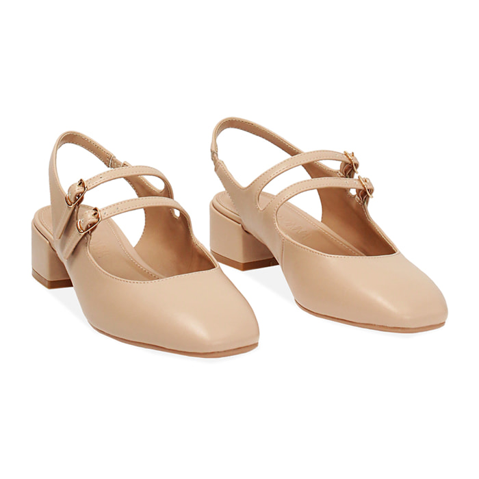 Zapatos slingback de mujer beige con punta redonda