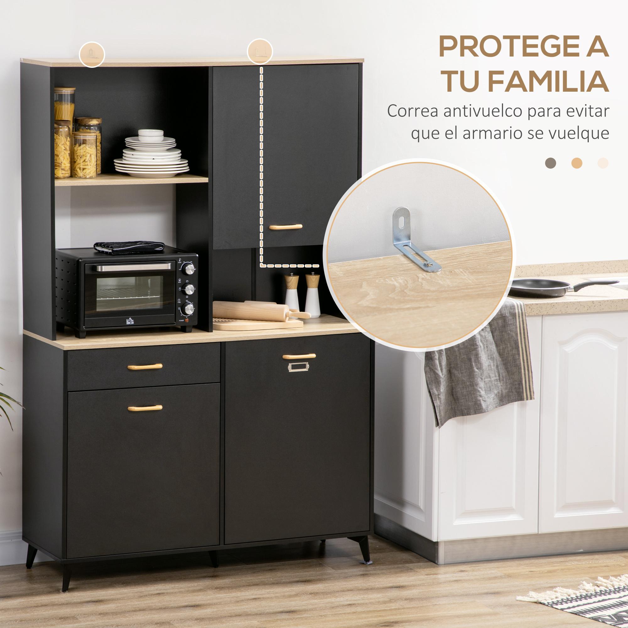 Alacena de Cocina Aparador de Comedor con 1 Cajón 3 Puertas y Almacenamiento Abierto Mueble Auxiliar para Microondas de Estilo Moderno 119x41x180 cm Negro