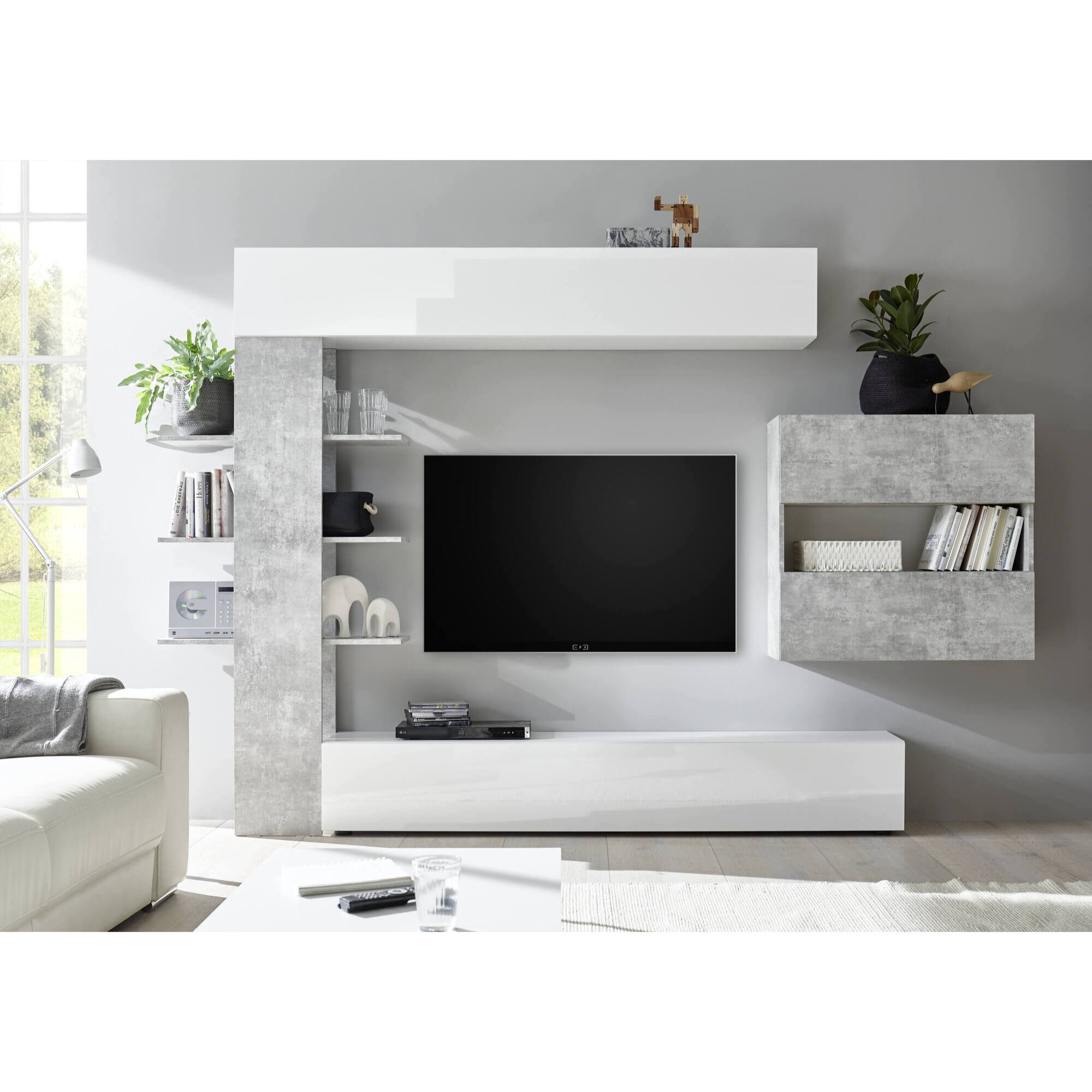 Parete attrezzata Aragosta, Composizione soggiorno, Mobile salotto multiuso, Armadio porta TV, Made in Italy, 295x30 h187 cm, Bianco lucido e Cemento