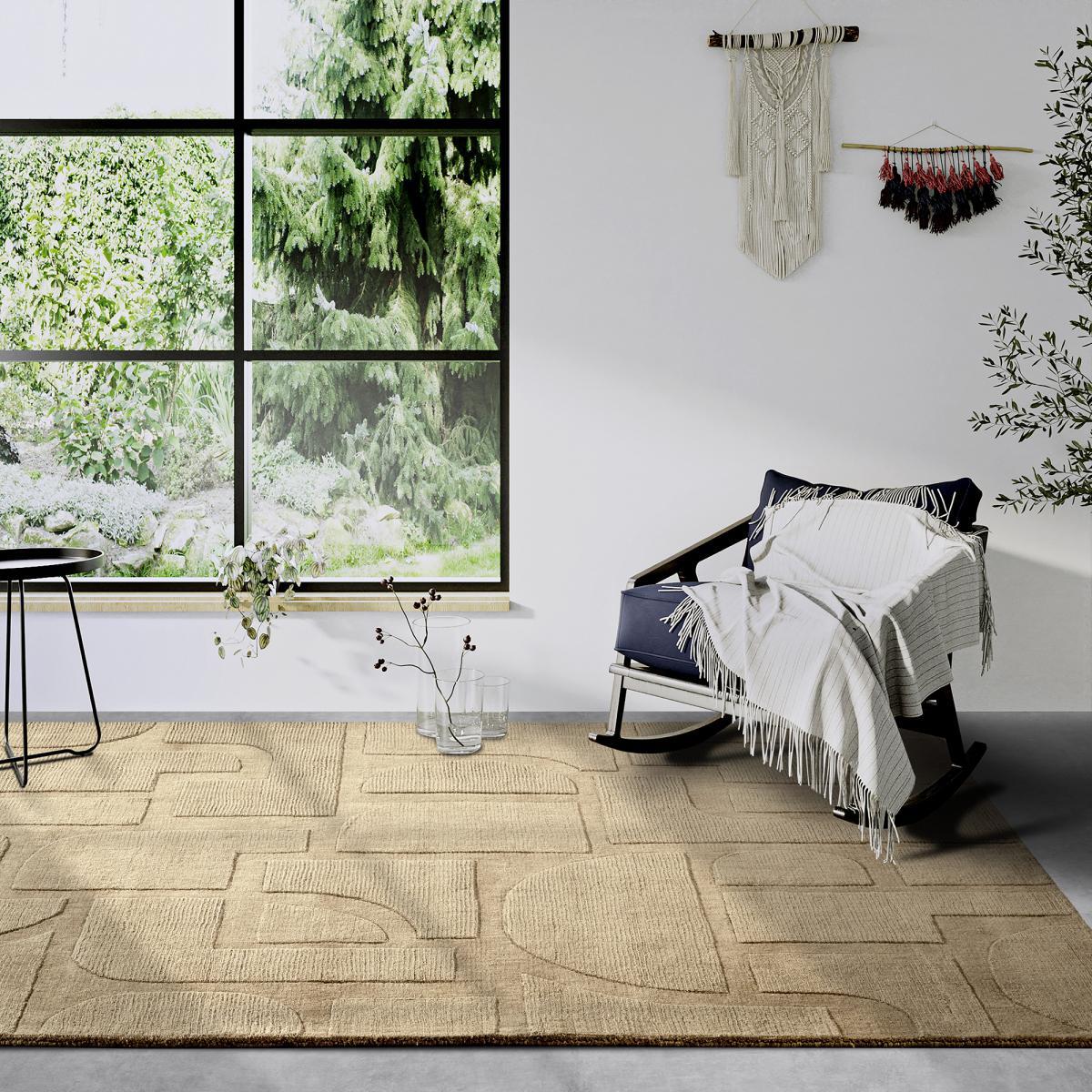 Tapis salon motif géométrique, laine tissée main, ziya authentique