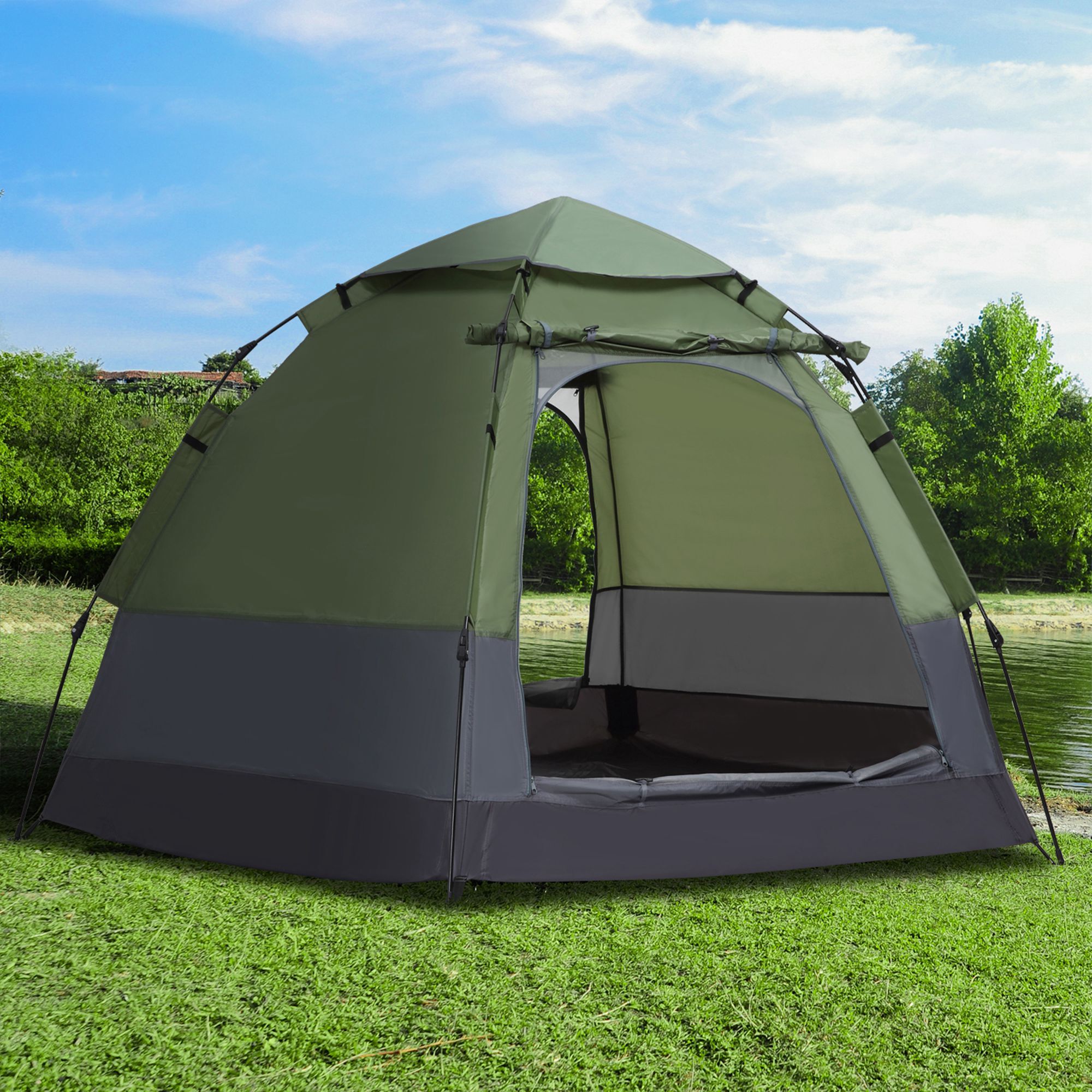 Tente pop up montage instantané - tente de camping 3-4 pers.  - 2 grandes portes - dim. 2,6L x 2,6l x 1,5H m fibre verre polyester oxford vert gris