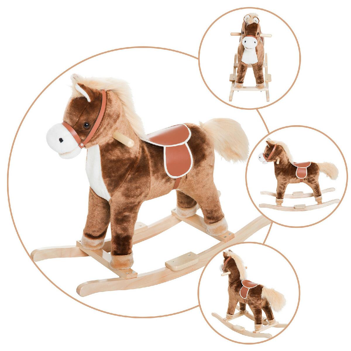 Cheval à bascule cheval de cowboy selle grand confort peluche courte douce bois peuplier marron