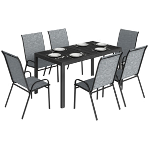 Conjunto de Mesa y Sillas Jardín de 7 Piezas, Muebles Jardín Exterior con Mesa Metálica Efecto Madera con Agujero, 6 Sillas Apilables Transpirables, Marco de Acero Resistente, Gris Mixto