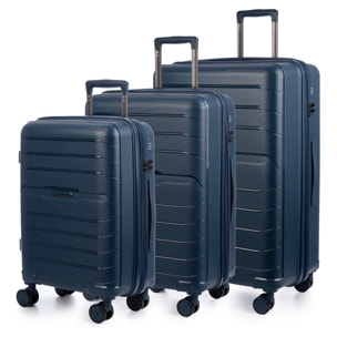 Set di 3 valigie Trolley espandibili, in materiale leggero PP resistente agli urti. Chiusura TSA a combinazione, 4 ruote doppie girevoli a 360°.