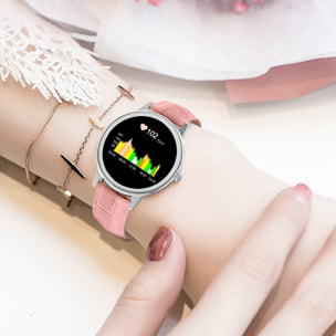 Montre connectée Bluetooth contrôle de musique, podométre - Bracelet Rose façcon croco