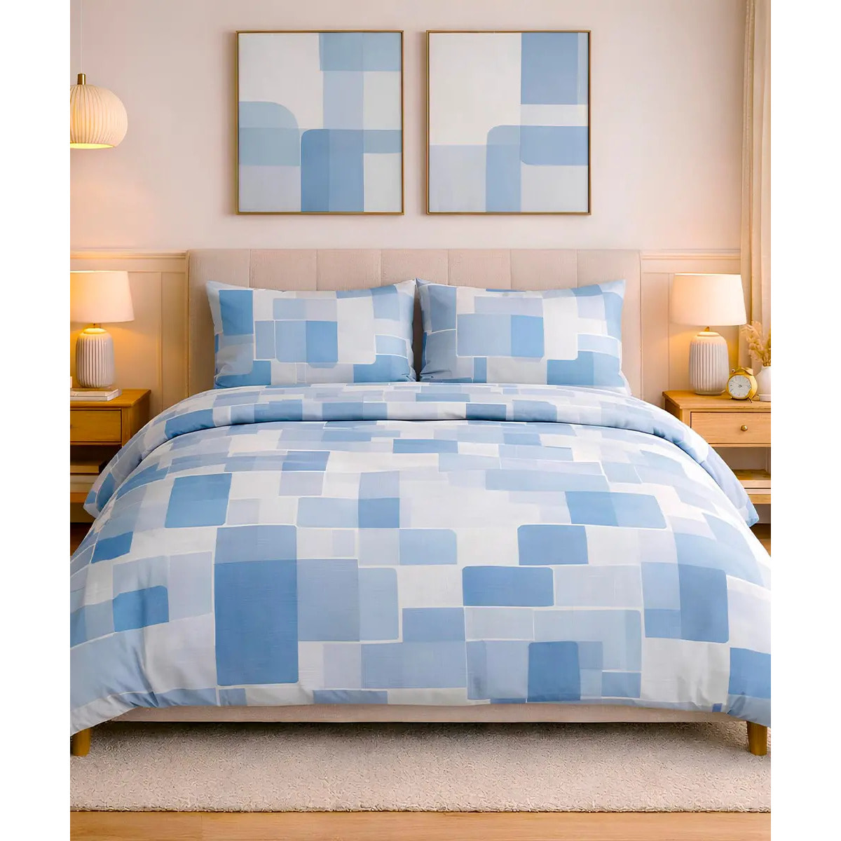 Parure Copripiumino Brick Azzurro per letto singolo in 100% Cotone e Made in Italy, cubi geometrico