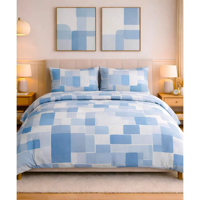 Parure Copripiumino Brick Azzurro per letto singolo in 100% Cotone e Made in Italy, cubi geometrico