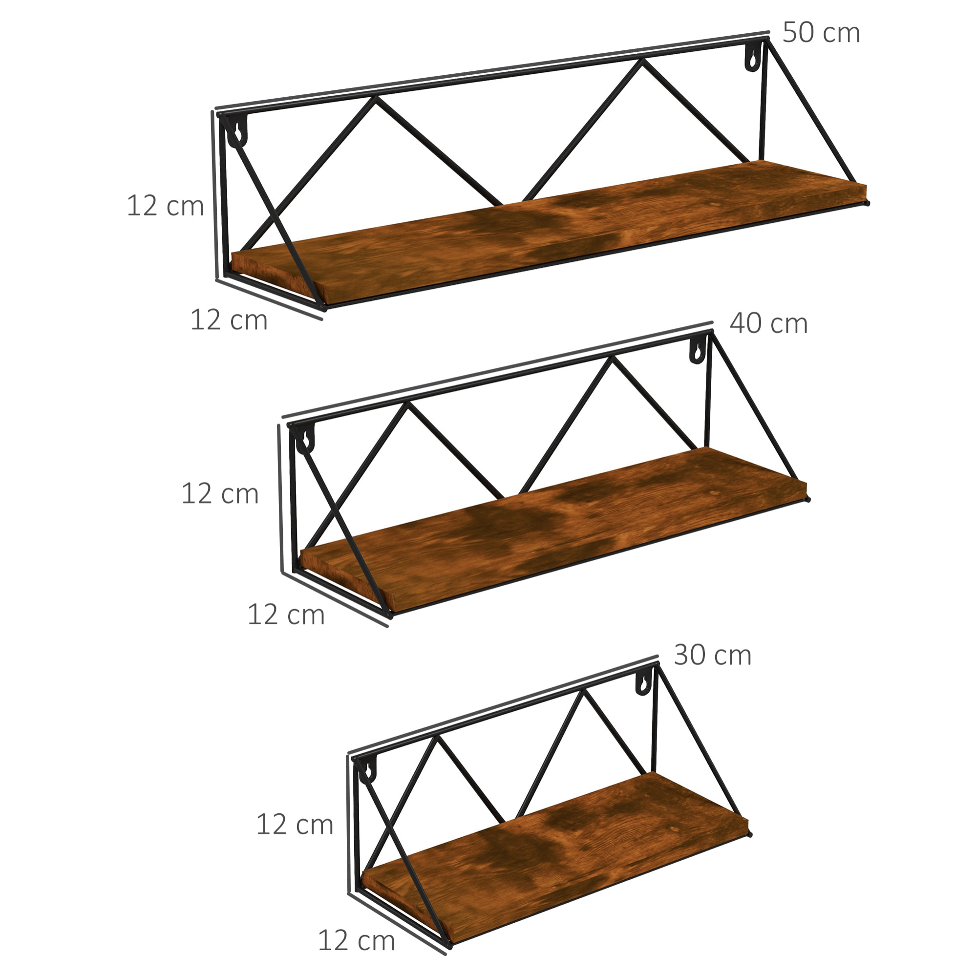 Juego de 3 Estantes Flotantes Industrial Baldas de Pared Estanterías Colgantes para Salón Dormitorio Pasillo Cocina 30x12x12 cm 40x12x12 cm 50x12x12 cm Marrón Rústico y Negro