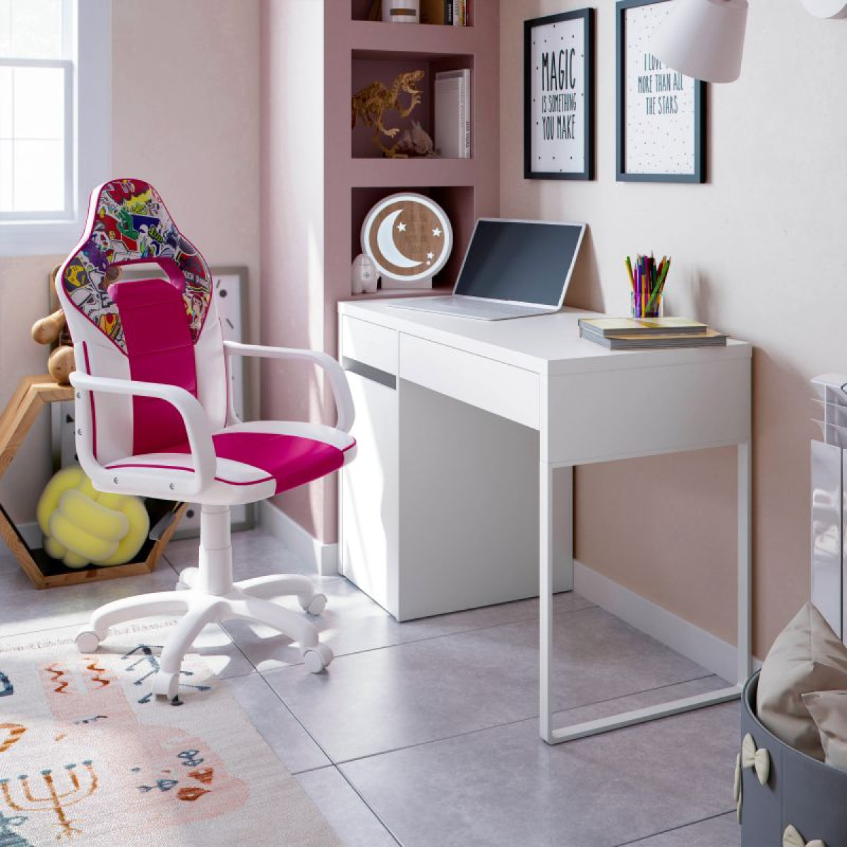 Silla gaming DRW Sticker - Blanco - Rosa DRW